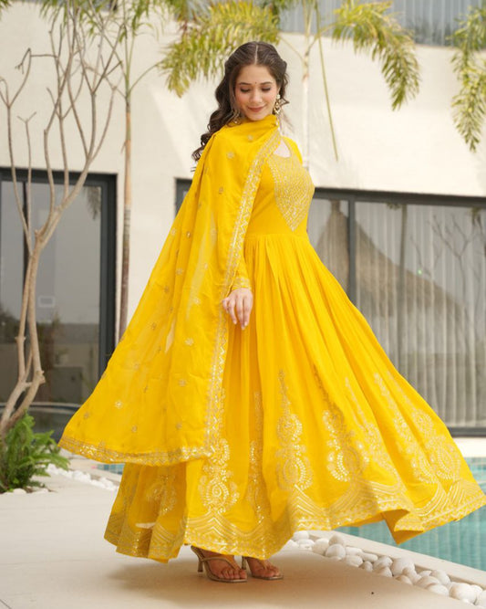 Premium Embroidered Faux Blooming Gown with Dupatta | Full Stitched Zari Sequin Work