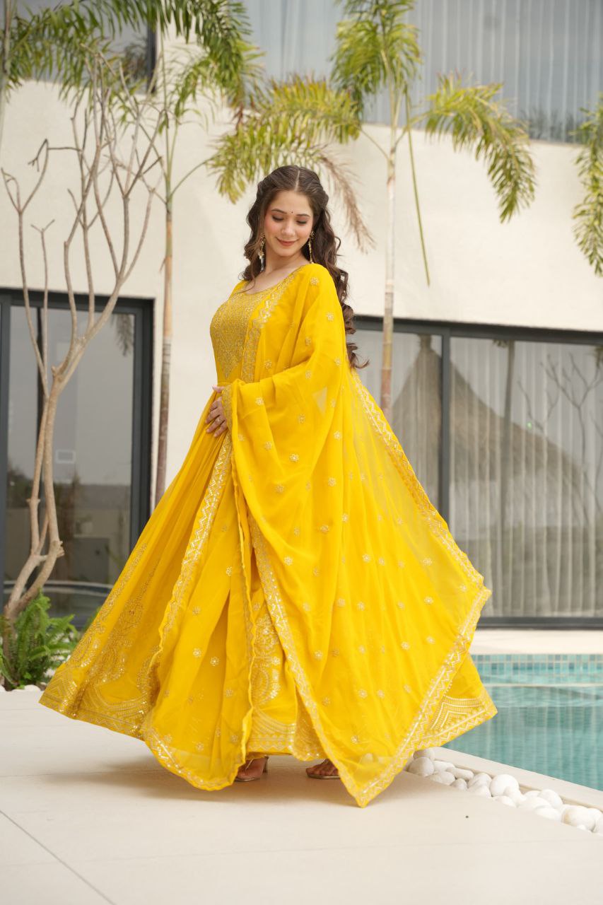 Premium Embroidered Faux Blooming Gown with Dupatta | Full Stitched Zari Sequin Work