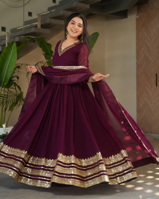 Premium Embroidered Faux Blooming Gown with Dupatta – Zari & Sequins Work, Full Stitched | Party Wear for Women