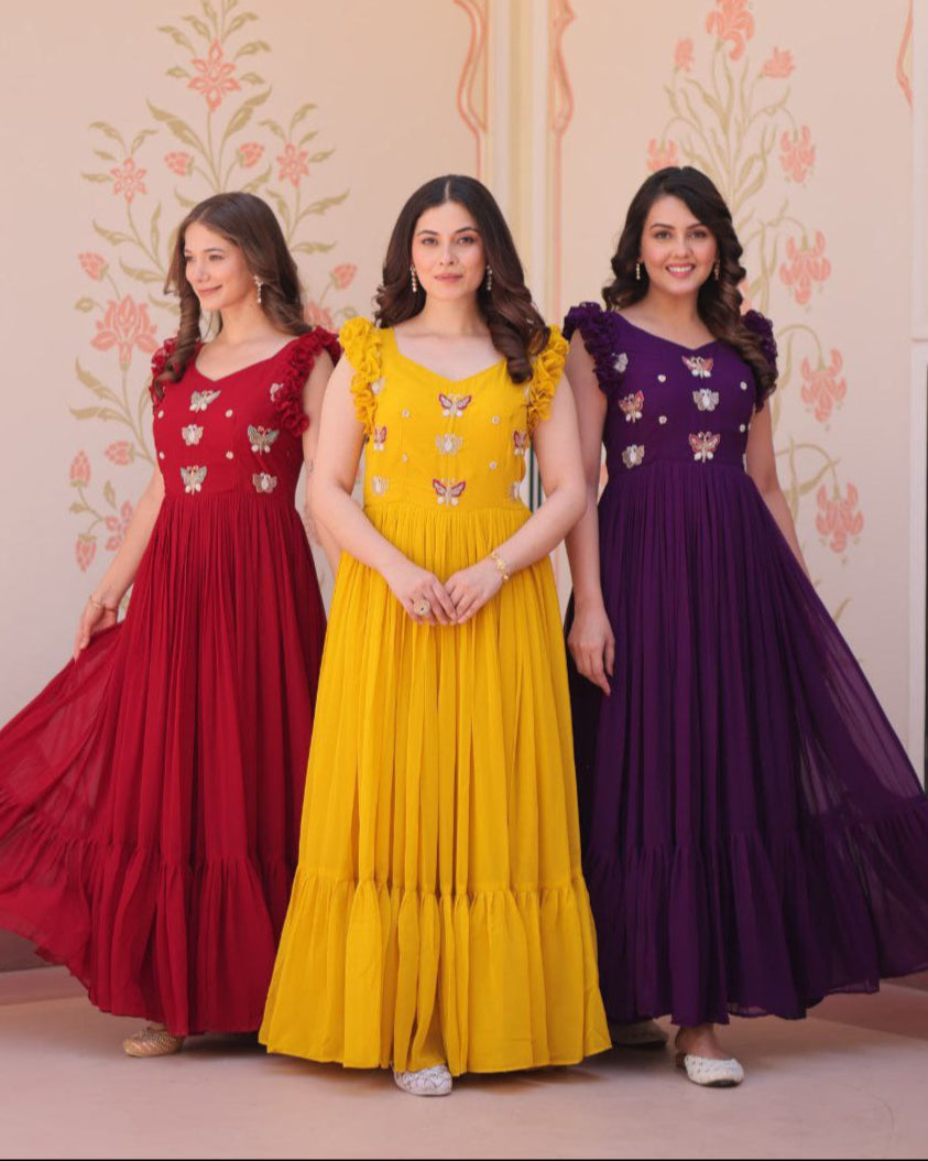 Premium Faux Blooming Sleeveless Gown with Sequins & Bead Embroidery | Frill Stitch