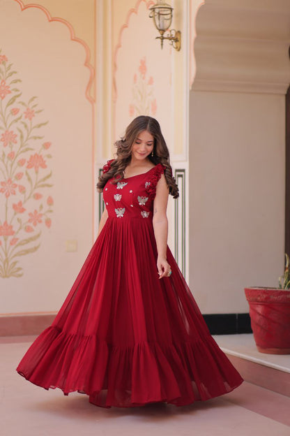 Premium Faux Blooming Sleeveless Gown with Sequins & Bead Embroidery | Frill Stitch