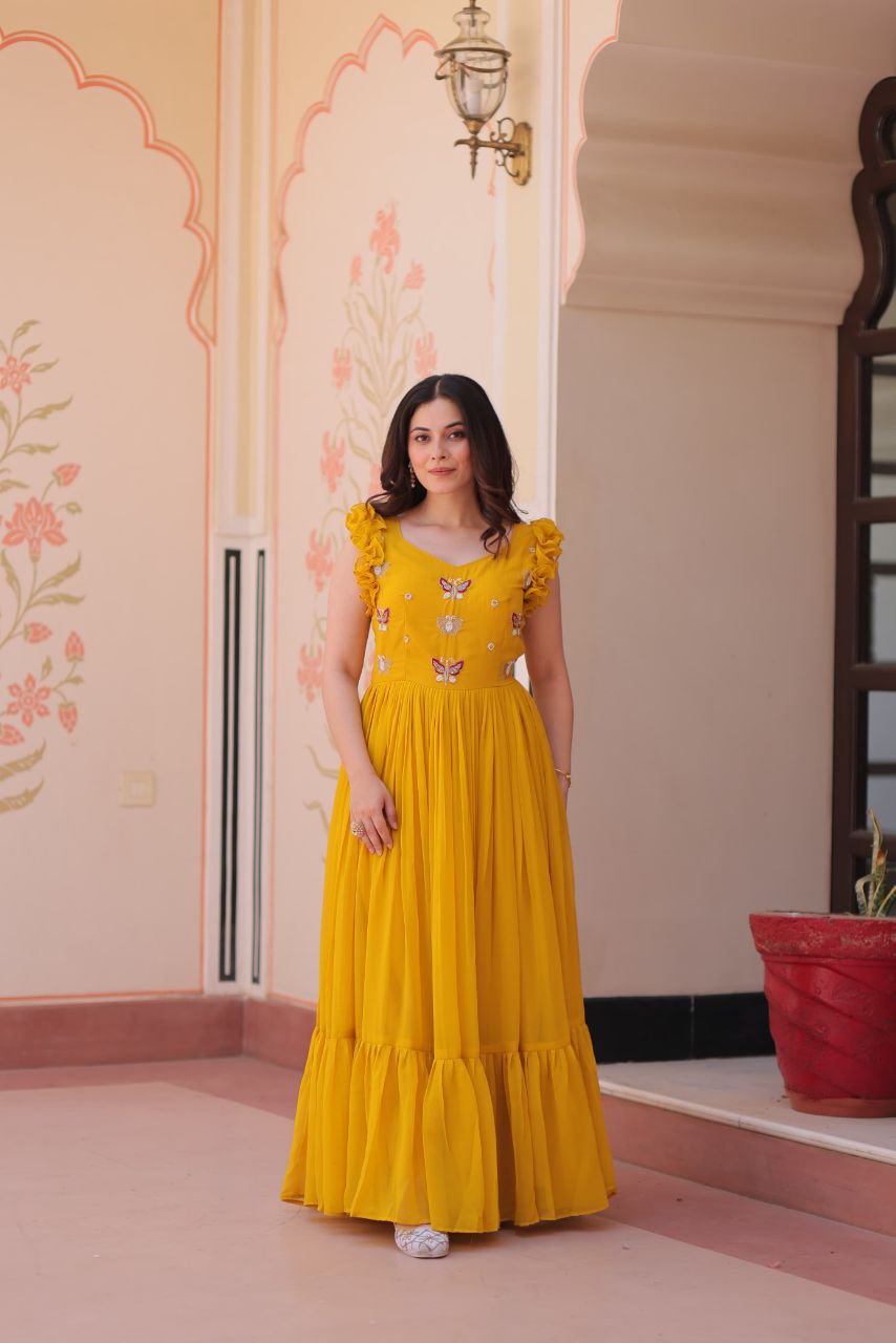 Premium Faux Blooming Sleeveless Gown with Sequins & Bead Embroidery | Frill Stitch