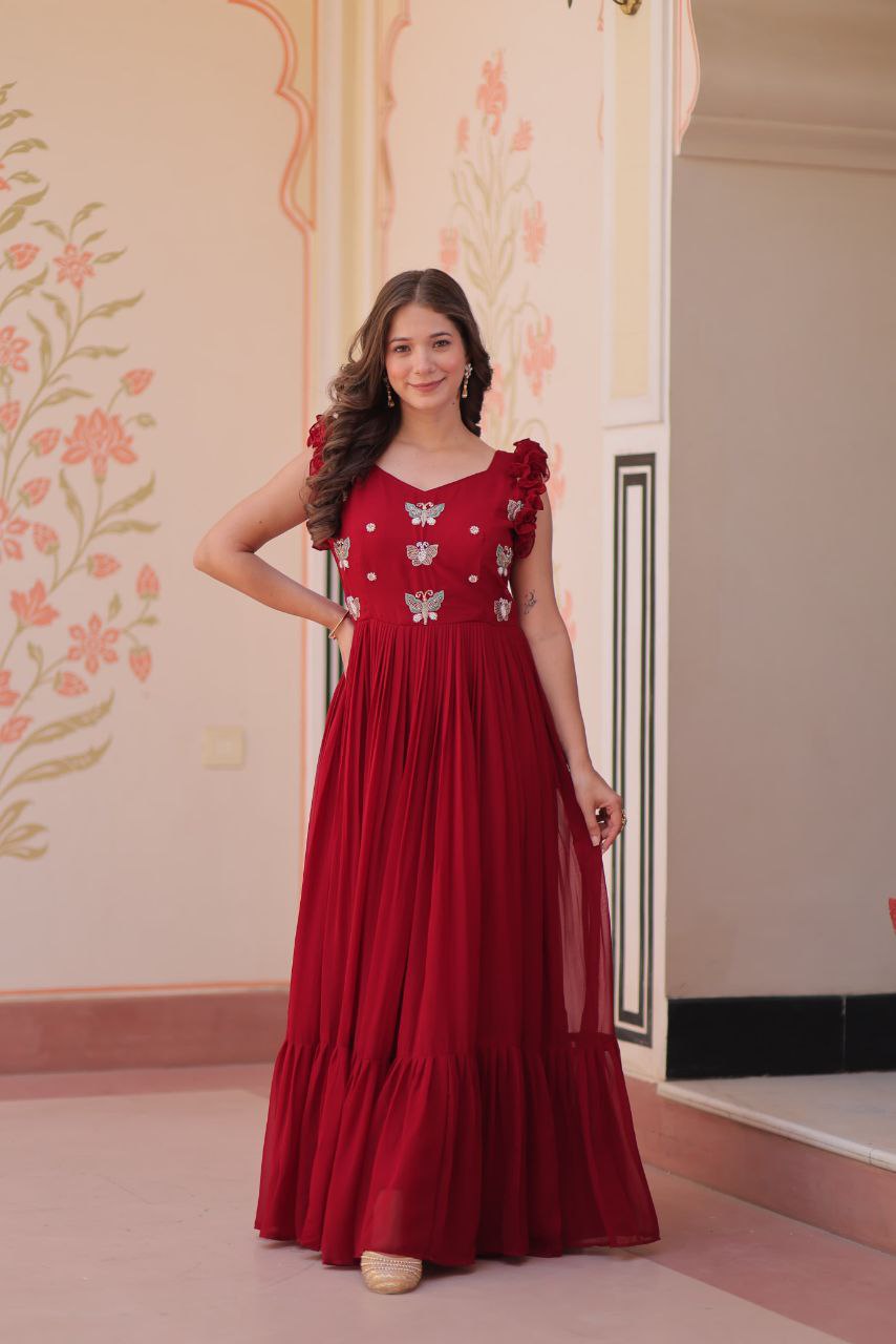 Premium Faux Blooming Sleeveless Gown with Sequins & Bead Embroidery | Frill Stitch