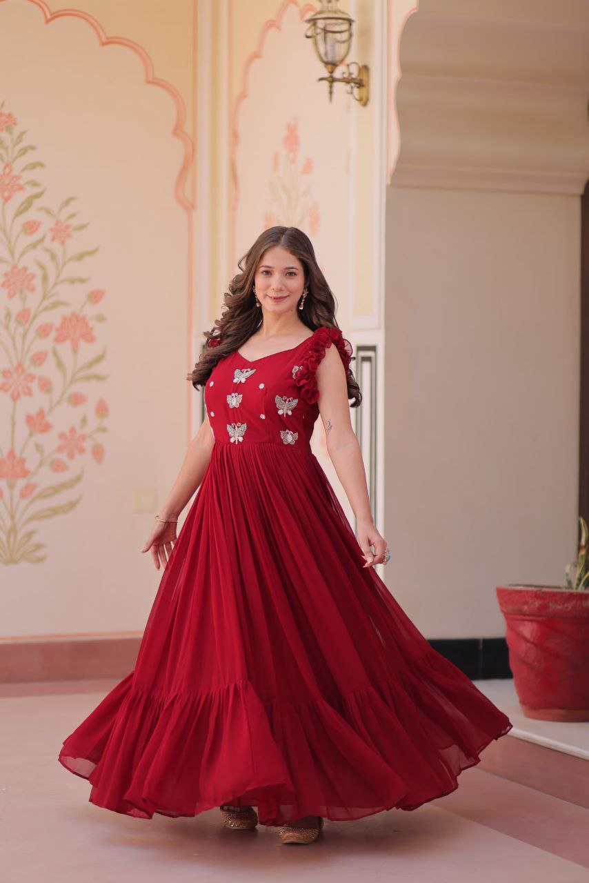 Premium Faux Blooming Sleeveless Gown with Sequins & Bead Embroidery | Frill Stitch