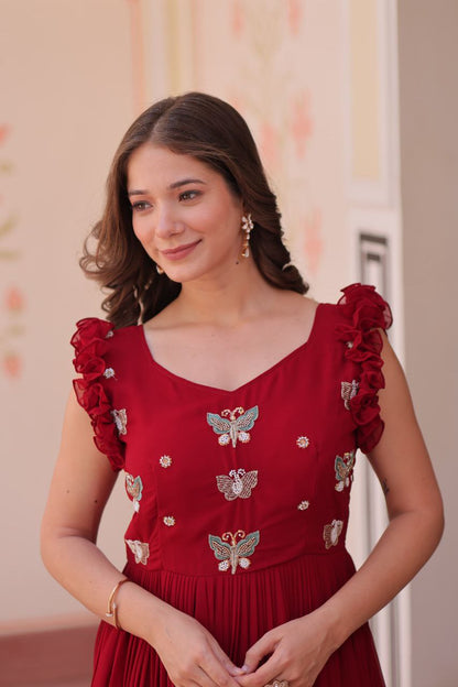 Premium Faux Blooming Sleeveless Gown with Sequins & Bead Embroidery | Frill Stitch
