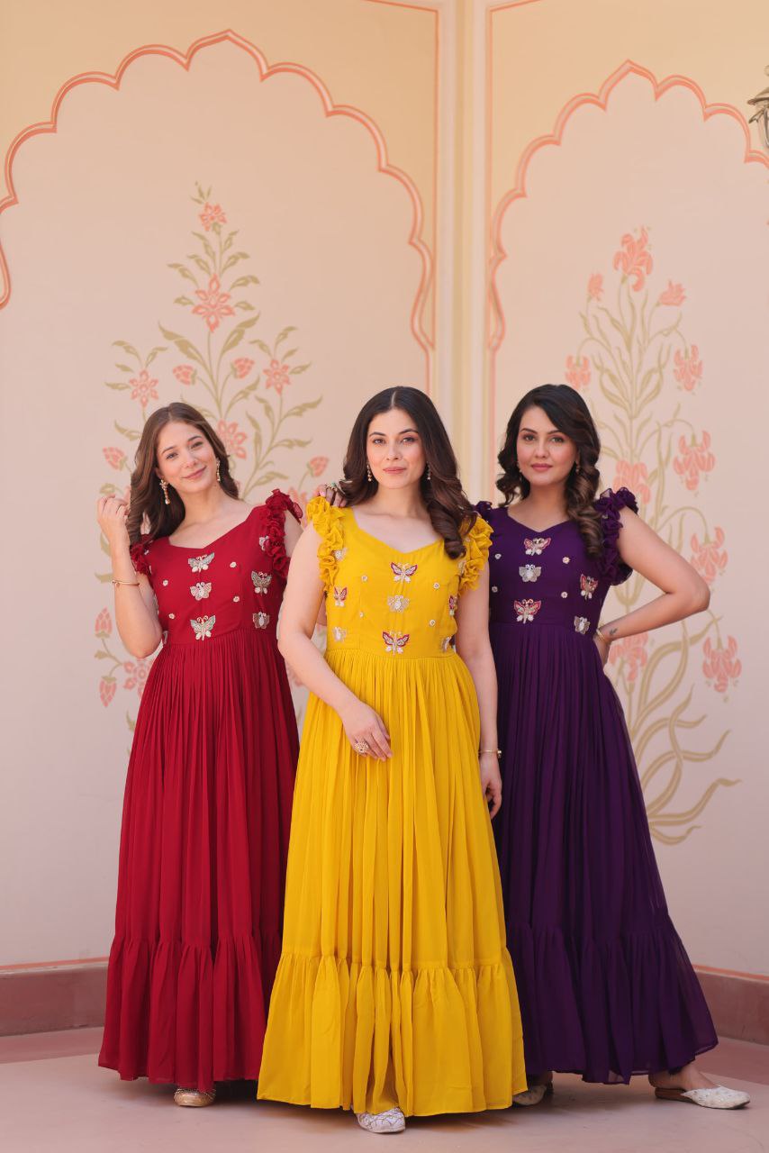 Premium Faux Blooming Sleeveless Gown with Sequins & Bead Embroidery | Frill Stitch
