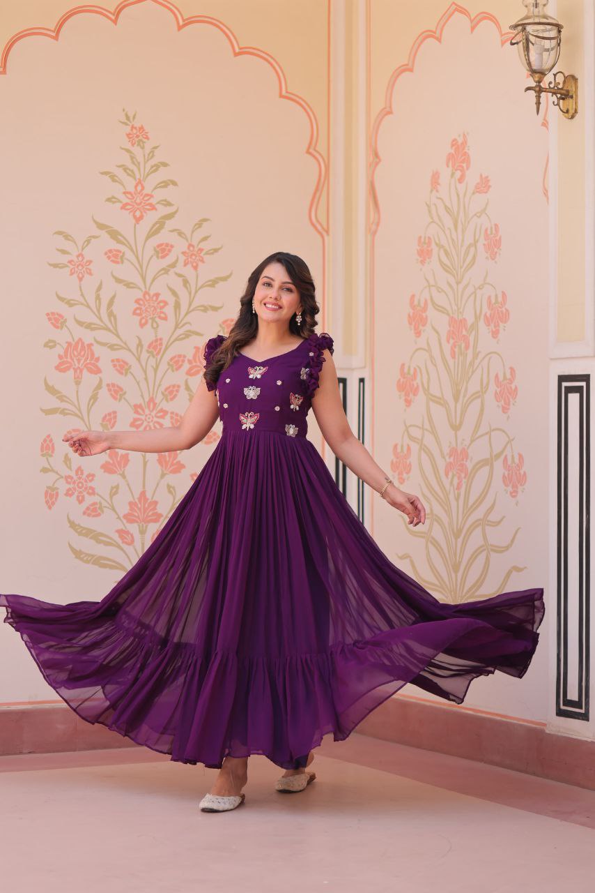 Premium Faux Blooming Sleeveless Gown with Sequins & Bead Embroidery | Frill Stitch