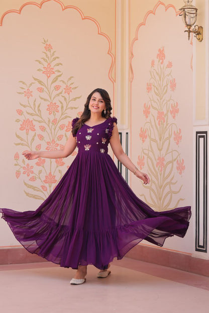 Premium Faux Blooming Sleeveless Gown with Sequins & Bead Embroidery | Frill Stitch