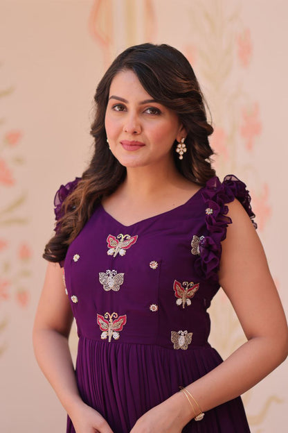 Premium Faux Blooming Sleeveless Gown with Sequins & Bead Embroidery | Frill Stitch