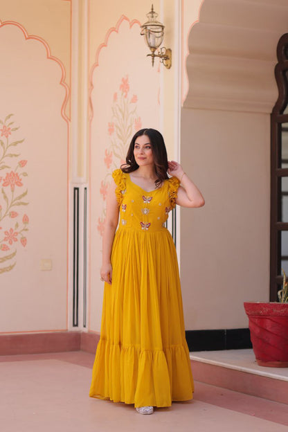 Premium Faux Blooming Sleeveless Gown with Sequins & Bead Embroidery | Frill Stitch