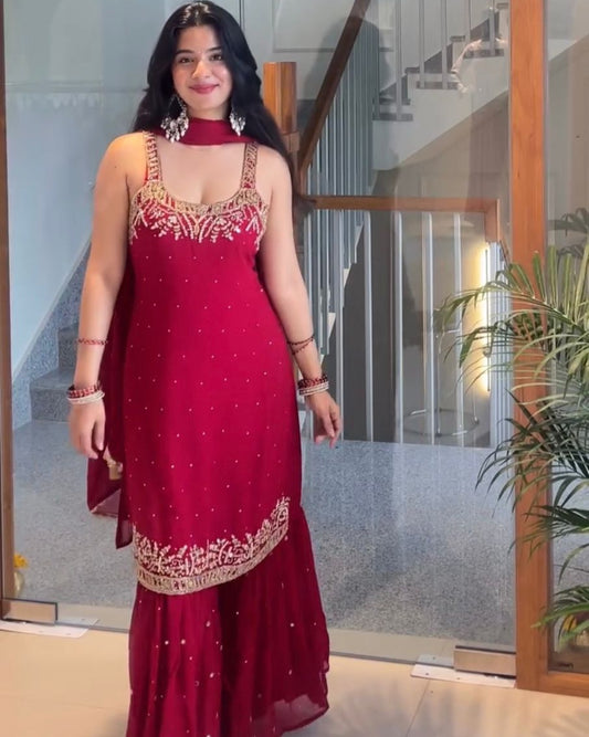 Luxurious Karwa Chauth Special Red Sharara Suit With Dupatta Set
