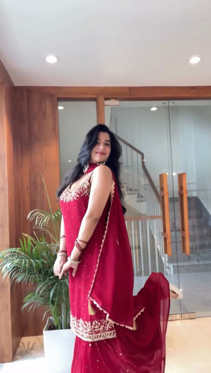 Luxurious Karwa Chauth Special Red Sharara Suit With Dupatta Set