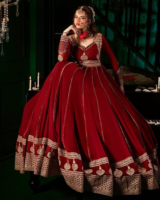 Karwa Chauth Special Dress: 3-Piece Red Anarkali Suit Set with Pant & Dupatta