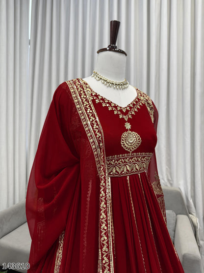 Karwa Chauth Special Dress: 3-Piece Red Anarkali Suit Set with Pant & Dupatta