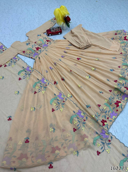 Premium Fox Georgette Embroidered Gown Pant Set with Dupatta
