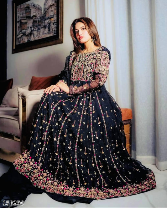 Premium Fox Georgette Embroidered Gown with Palazzo & Dupatta