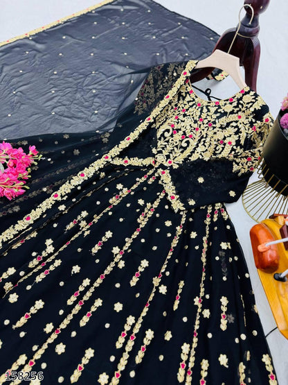 Premium Fox Georgette Embroidered Gown with Palazzo & Dupatta