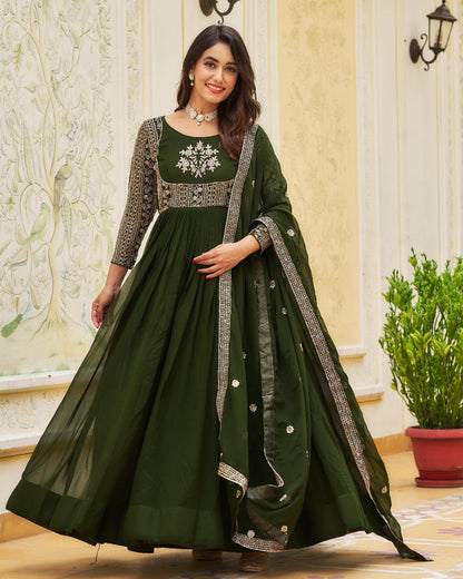 Premium Fox Georgette Long Gown with Embroidered Dupatta