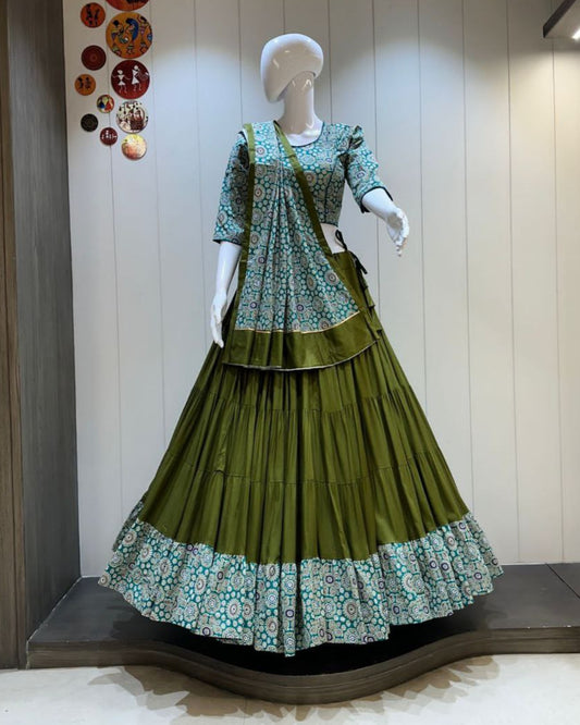 Premium Ghaghri Ajrakh Rayon Cotton Chaniya Choli Set Navratri, Mehendi, and Cultural Festivals
