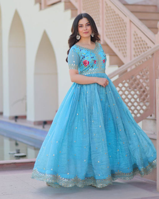Premium Gold Crush Designer Gown with Multi-Thread Zari & Sequins Embroidery