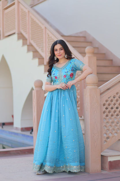 Premium Gold Crush Designer Gown with Multi-Thread Zari & Sequins Embroidery