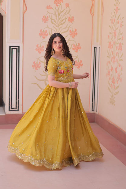Premium Gold Crush Designer Gown with Multi-Thread Zari & Sequins Embroidery