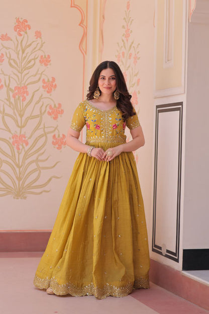 Premium Gold Crush Designer Gown with Multi-Thread Zari & Sequins Embroidery