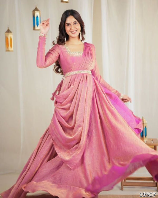Premium Handwork Gown Set with Dupatta & Belt – Luxurious Gold Crush Fabric