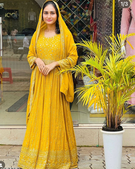 Wedding Haldi Special Gown: Premium Heavy Pure Fox Georgette Embroidered Gown-Pant with Dupatta Set