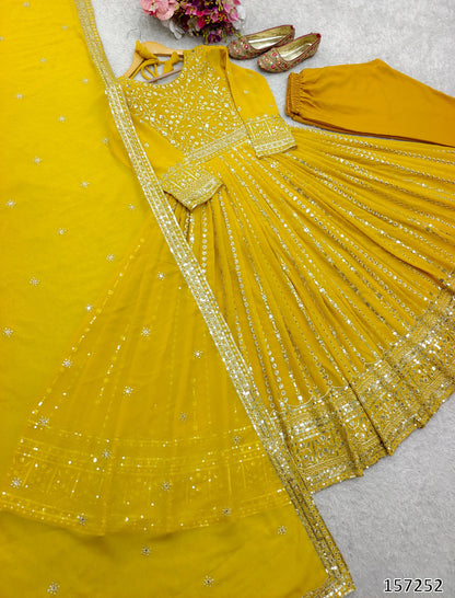 Wedding Haldi Special Gown: Premium Heavy Pure Fox Georgette Embroidered Gown-Pant with Dupatta Set