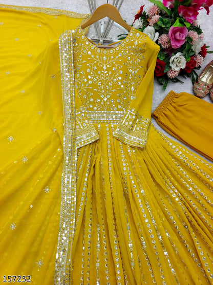 Wedding Haldi Special Gown: Premium Heavy Pure Fox Georgette Embroidered Gown-Pant with Dupatta Set
