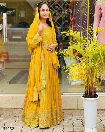 Wedding Haldi Special Gown: Premium Heavy Pure Fox Georgette Embroidered Gown-Pant with Dupatta Set