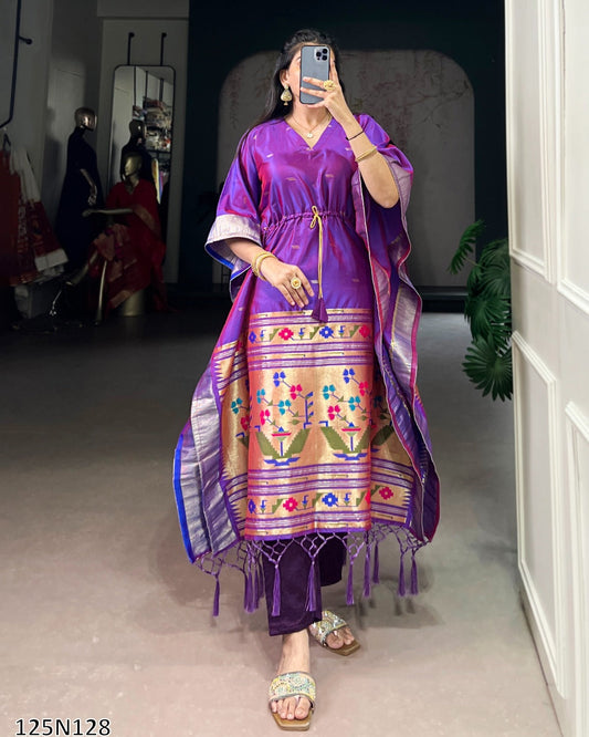 Premium Jacquard Paithani Kaftan with Zari Weaving Work