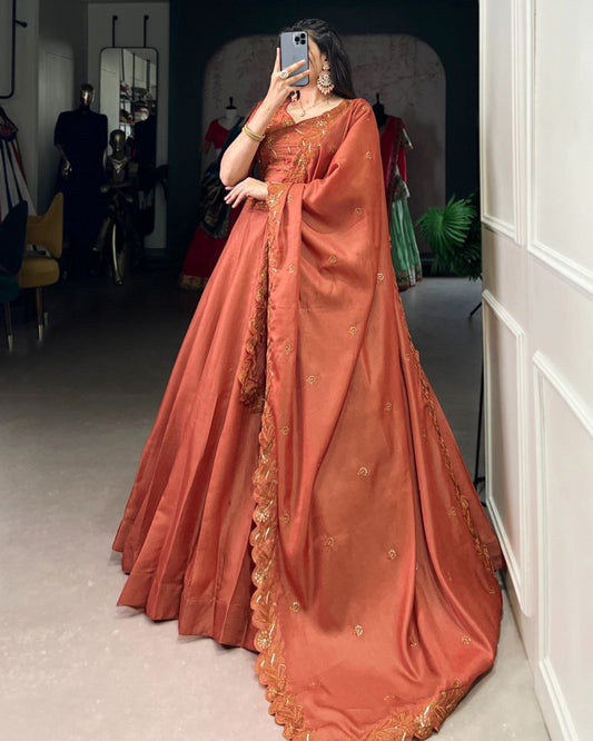 Premium Korean Tussar Silk Embroidered Lehenga Set