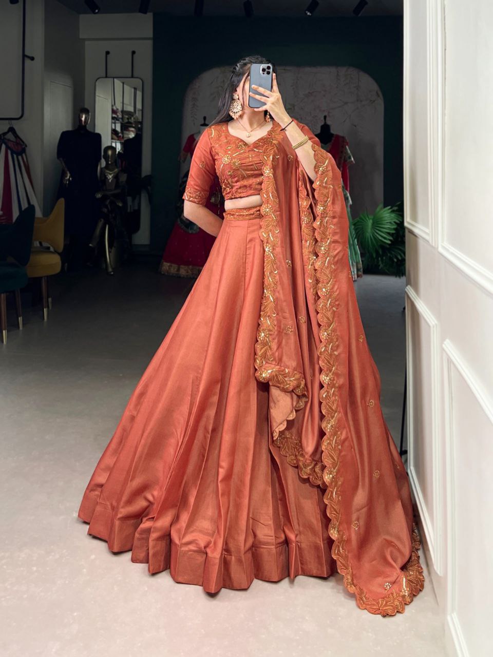 Premium Korean Tussar Silk Embroidered Lehenga Set