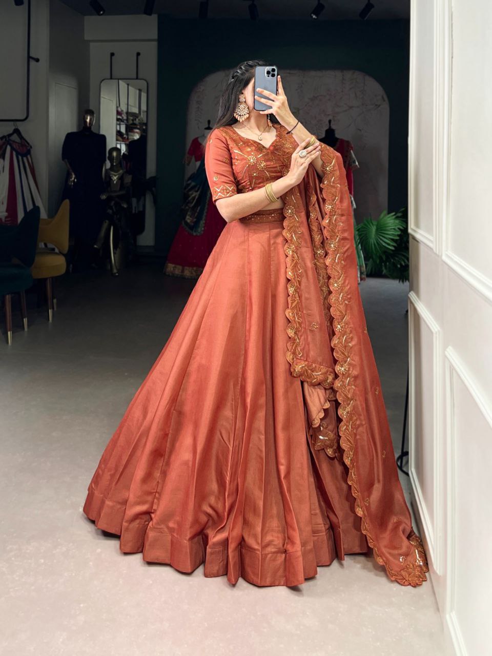 Premium Korean Tussar Silk Embroidered Lehenga Set