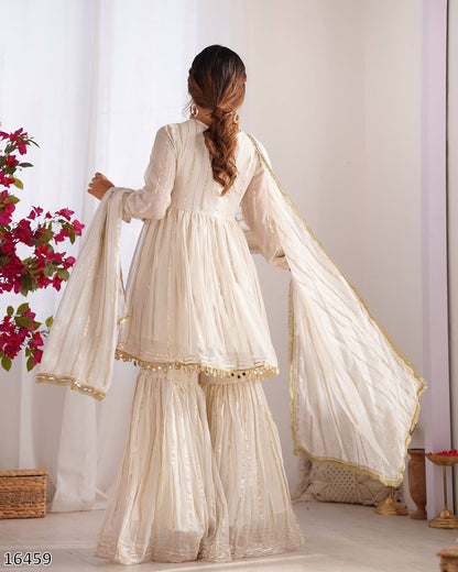 Premium Mal Chanderi Sharara Palazzo Set with Real Mirror Handwork & Dupatta