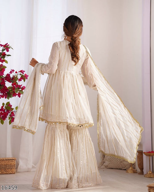 Premium Mal Chanderi Sharara Palazzo Set with Real Mirror Handwork & Dupatta