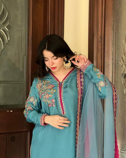 Festive Specials Plazzo: Premium Quality 3-Piece Premium Natural Crepe Fabric Skyblue Palazzo Suit Set