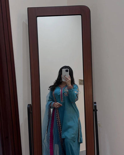 Festive Specials Plazzo: Premium Quality 3-Piece Premium Natural Crepe Fabric Skyblue Palazzo Suit Set