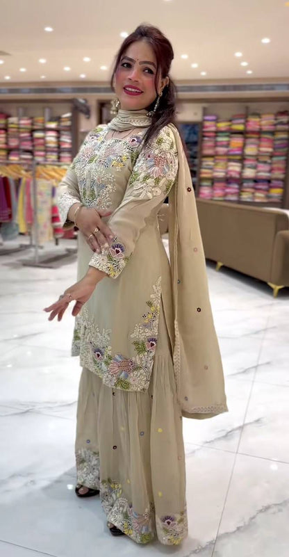 Party Wear & Festive Specials: Premium 3-piece Natural Crepe Sharara Palazzo & Dupatta Set