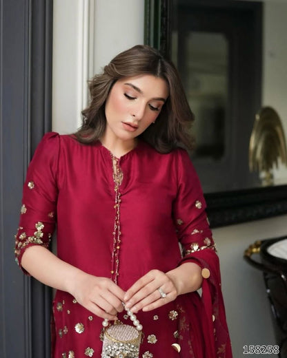Karwa Chauth Special Dress: Premium Roman Silk Embroidered Cord Set with Dupatta