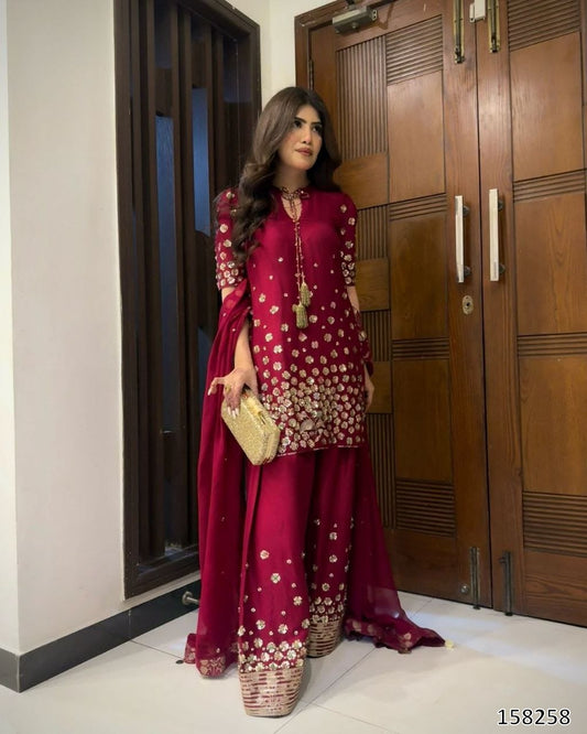 Karwa Chauth Special Dress: Premium Roman Silk Embroidered Cord Set with Dupatta