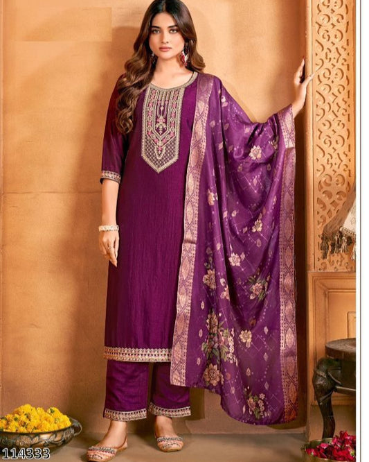 Premium Vichitra Silk Embroidered Suit Set with Pant & Dupatta