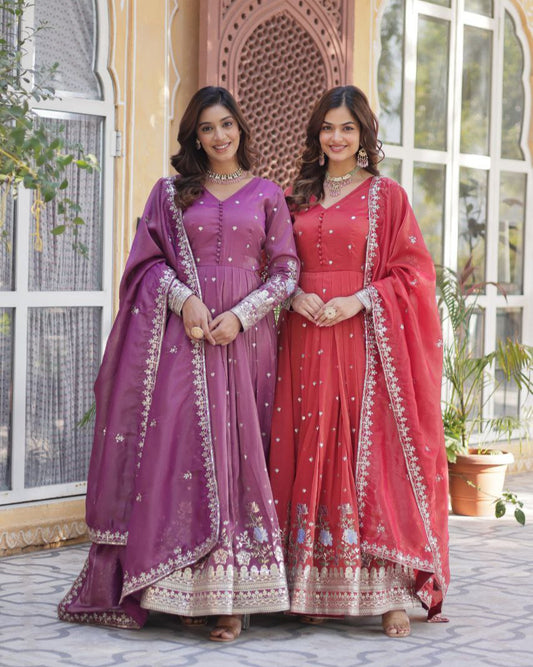 Premium Viscose Cosmos Gown with Dupatta – Foil Embroidery Zari Sequins Work | Fully Stitched Party Wear