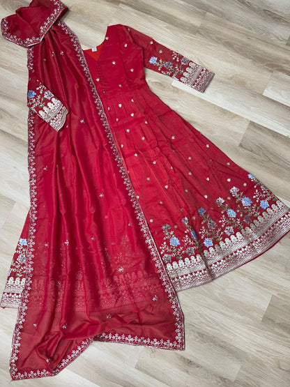 Premium Viscose Cosmos Gown with Dupatta – Foil Embroidery Zari Sequins Work | Fully Stitched Party Wear