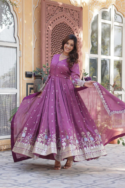 Premium Viscose Cosmos Gown with Dupatta – Foil Embroidery Zari Sequins Work | Fully Stitched Party Wear