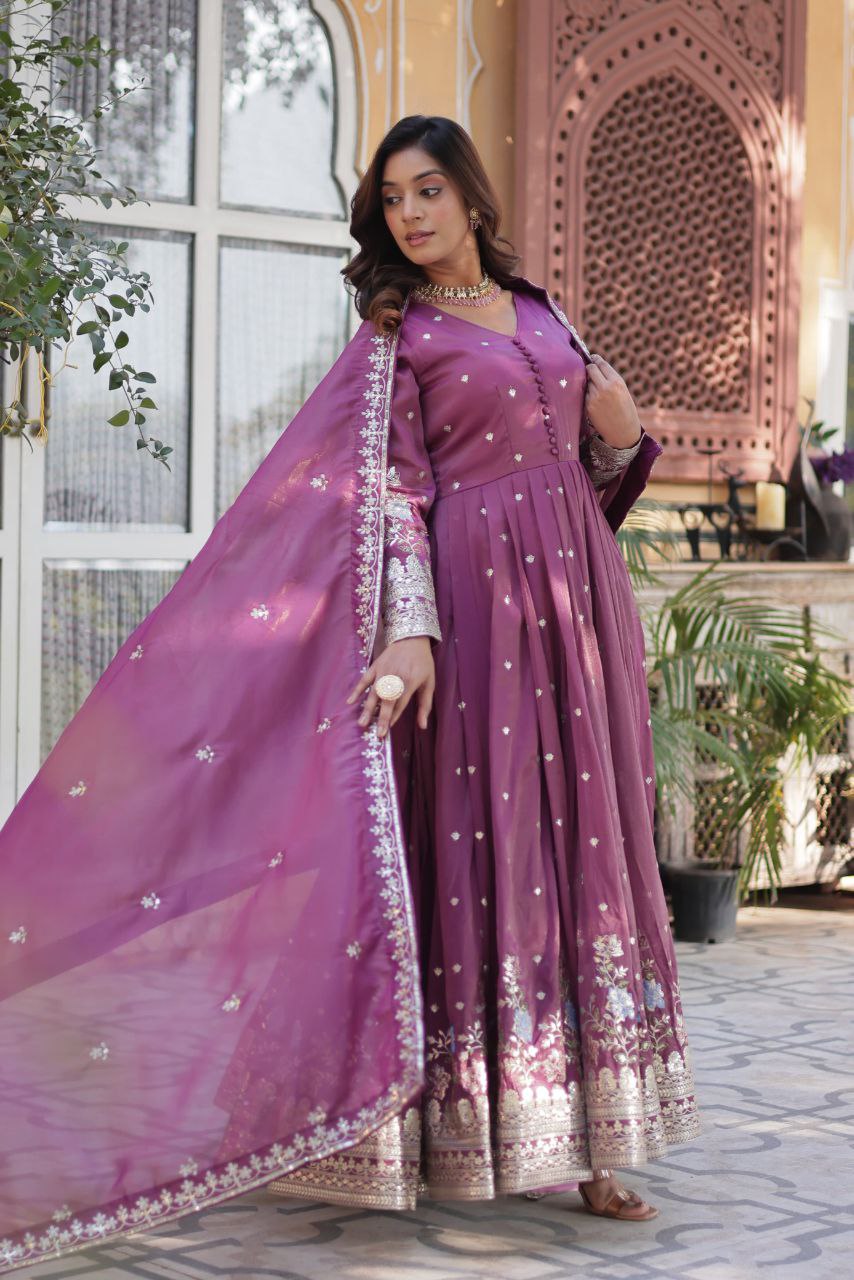 Premium Viscose Cosmos Gown with Dupatta – Foil Embroidery Zari Sequins Work | Fully Stitched Party Wear