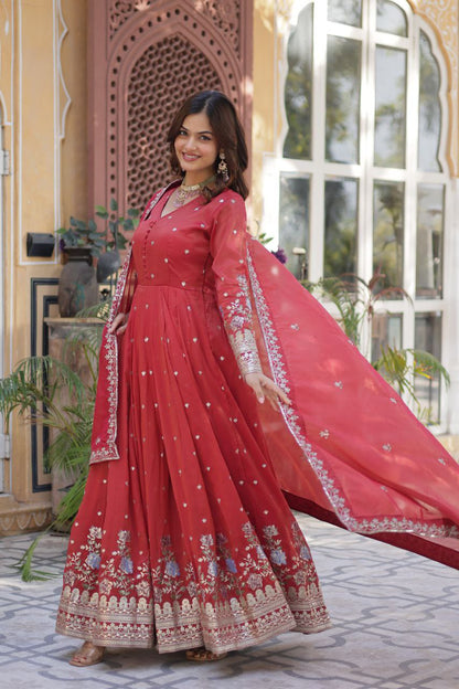 Premium Viscose Cosmos Gown with Dupatta – Foil Embroidery Zari Sequins Work | Fully Stitched Party Wear