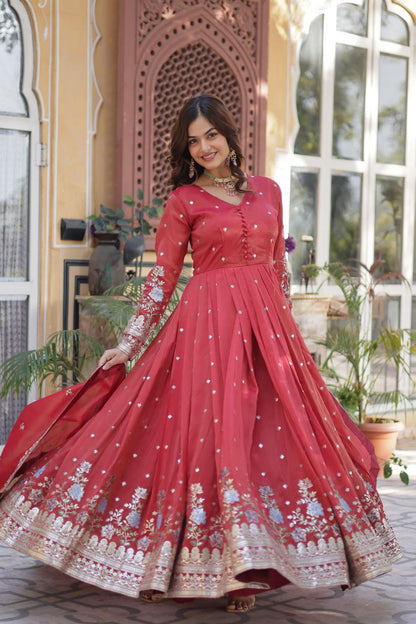 Premium Viscose Cosmos Gown with Dupatta – Foil Embroidery Zari Sequins Work | Fully Stitched Party Wear